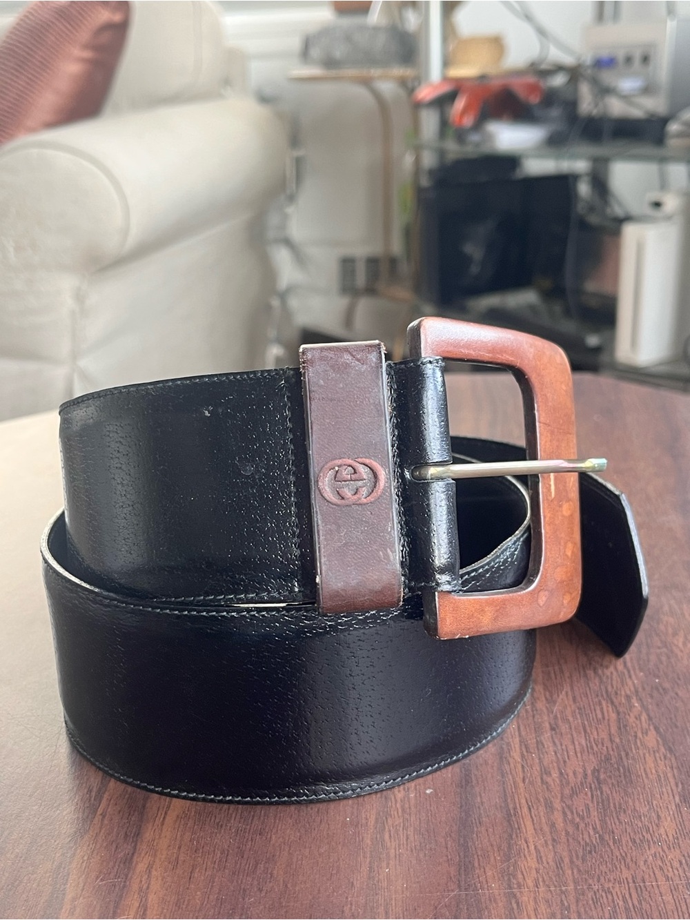Gucci Black Leather Belt with Wood Buckle